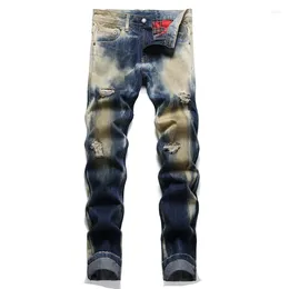 Men's Jeans Autumn Punk Retro Blue Ripped Mid-Waist Casual Stretch Straight Print Hip Hop Pants