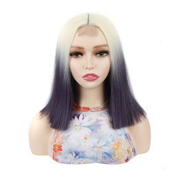 yielding Beige white violet short straight hair wig head cover small front lace middle split wave hair wig head cover lace head cover
