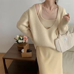 Women's Sweaters Camisole Blouse Two Piece Pullover Loose Casual Knit Sweater Two-piece Set Women V-neck Long Sleeve Lazy Clothes