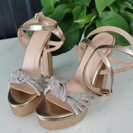 Olomm Handmade Women Platform Sandals Rhinestone Block Heels Open Toe Gorgeous Gold Silver Champagne Party Shoes Size 35 47 52