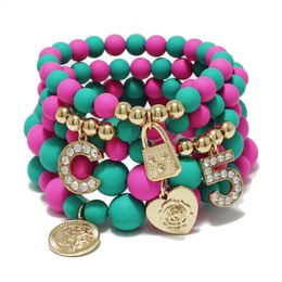 Charm Bracelets 5pcs Bohemian Multicolor Acrylic Beaded Bracelets Bangles for Women Rhinestone Adjustable Elastic Heart Pendant Bracelet Jewelry 231120
