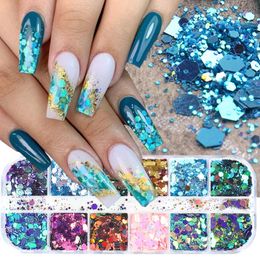 Nail Glitter 12 Grid Mermaid Hexagon Chameleon Sparkle Spangle Art Sequin Paillette Polish Flake Manicure Decoration TRGB