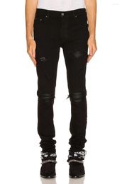 Men's Jeans 2023 Design High Street Fashion Men Hole Slim Elastic Ripped Black Leather Patched Hip Hop Denim Pants 602