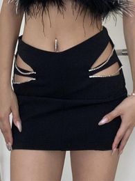 Skirts ADAgirl Sexy Cut Out Mini Skirt Women Low Waist Bodycon Short Metal Patchwork Sweet Party Club Slim Fairycore