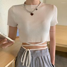 Women's T Shirts Women's Solid Color Crop Tops Short Sleeve Round Neck Cross Tie-Up Ribbed T-Shirts