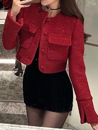 Women's Jackets Red O-Neck Shiny Woolen Small Fragrance Coat Long Sleeve Temperament Celebrity High-End Tweed Top