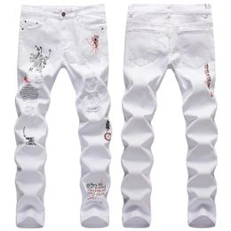 Men's Jeans Male Hip Hop Youth Streetwear Jeans Fashion Casual Style Men Denim Pants Graffiti-Art Ripped Cargo Jeans White 231118