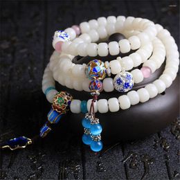 Strand Fashion Hainan Natural White Bodhi Root Beads 108 Mala Women&#39;s Cloisonne Charm Buddhist Prayer Beaded Bracelet Wholesale