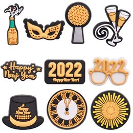 MOQ 20Pcs PVC Happy New Year Hat Champagne Garden Shoe Buckle Decorations Charms Button Clog Backpack Hole Slipper Kids Party Xmas Gifts