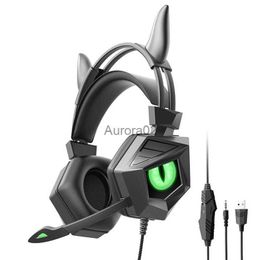 Cell Phone Earphones 3.5mm USB Wired Controlled Headset Dragon Eyes Luminous Gaming Cute Cat Ear Headworn Computer Earphones with Mic For PC Laptop YQ231120