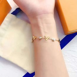 Classic Bracelets Bangle 18K Gold Plated Stainless steel Flower Letter Pendants Lovers Gift Wristband Cuff Chain Women Bracelet for halloween Birthday Gift