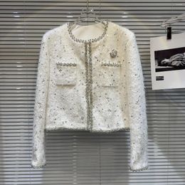 Women's Jackets Winter Fragrant High Setting Rhinestone Pin Sequin Thick Tweed Cotton Short Coat White Black Jacket