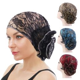 New Large Breathable lace Flower Turbans For Women Muslim Ruffle Cancer Chemo Beanie Caps hijab inner bonnet Islamic Headwear