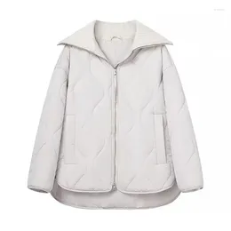 Women's Trench Coats COS-Bat Quilted Line Loose Cotton-padded Coat Long Sleeve Threaded Pocket Zipper White Basic Fashion Street 2023 Winter