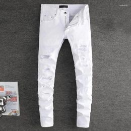 Men's Jeans High Street Fashion Men White Elastic Stretch Skinny Ripped Beading Patched Designer Hip Hop Brand Pants Hombre