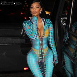 Women's Jumpsuits Rompers 2023 Fashion Blue Long Sleeve Dot Printed Hooded Jumpsuits Women Night Club Streetwear Sexy High Waist Slim Patchwork Bodysuit P230419