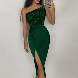 Casual Dresses Fashion In Green Mermaid/Trumpet Satin Prom Women Evening Wedding Party Gowns Sequins Slit Off Shoulder Sexy Dress