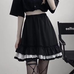 Skirts HOUZHOU Mall Goth Gothic Lace Ruffle Mini Skirts Womens Harajuku Fairy Grunge Black Pleated Skirt Japanese Lolita Streetwear 230420