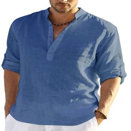 Men's Casual Shirts Men Cotton Linen Button Blouse Tops Male V Neck Short Sleeve Solid Shirs FYY10711 230420