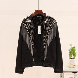 Women's Jackets 2023 Autumn Streetwear Denim Jacket Women Hand-studded Rivet Tassel Chain Short Jeans Loose Vintage Casual Black Coats