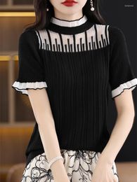 Women's T Shirts BOBOKATEER Top Women 2023 Lace Trim Mock Neck Knit Tshirts Short Sleeve Fitted Casual Tee Shirt Femme Camisetas De Mujer