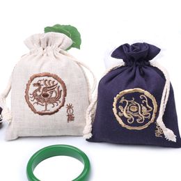 Handmade Linen Jewellery Drawstring Bags Embroidery Dragon Tiger Fabric Gift Pouches China style with lined size 16 x 12.5 cm about 10pcs/lot