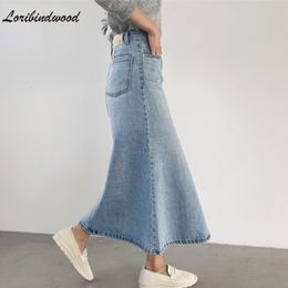 Skirts Loribindwood Chic Spring Summer Stretched Women Denim Midlength 2023 Casual High Waist Loose Female Mermaid Jeans 230420