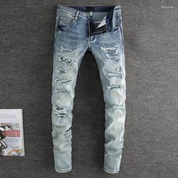 Men's Jeans High Street Fashion Men Retro Washed Blue Stretch Skinny Fit Ripped Paisley Patched Designer Hip Hop Brand Pants