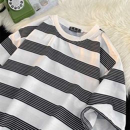 Men's T Shirts Summer Short-sleeved Striped T-shirt Round Neck Tops Colour Matching Loose Students Half Sleeves Casual Tees