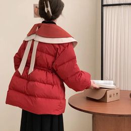 Women's Trench Coats Korean Double Layer Doll Neck Down Jacket For Women In 2023 Winter Sweet Colour Matching Loose And Warm White Duck
