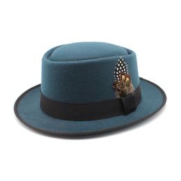 Vintage Fedora Hats for Women Men Felt Hat with Feather Woman Fedoras Man Jazz Top Hat Female Male Flat Small Brim Cap Fashion Autumn Winter Caps Party Christmas Gift