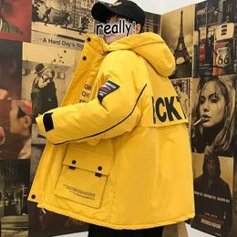 Men's Jackets Hooded Jacket Winter Cargo Down Thickened Cotton Coat Couple Zipper Pockets Long Sleeves Letter Tops Parkas 231118