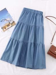 Skirts Summer Saia Female A-Line Long Denim Skirt Pockets Women High Waist Midi Jeans Skirts Dark Blue Light Blue Skirt P230420