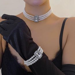 Choker Lacteo French Style Multilayer Imitation Pearl Necklace Women Elegant Beaded Rhinestone Neck Chain Chokers Jewellery Retro Party