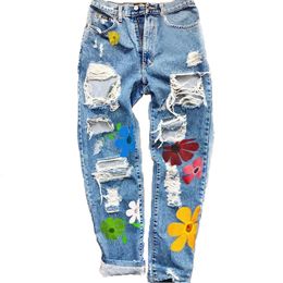 Women s Jeans Printed Hole Fashion High Waist Straight Denim Ladies Ripped with Pockets Casual Trousers 230420