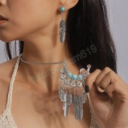 Ethnic Vintage Feather Pendant Necklaces Earrings Jewelry Sets for Women Bohemian Turquoises Blue Stone Necklace Sets