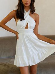 Casual Dresses Summer Dress Women Sexy Backless Sleeveless Crossover Halter Mini Smocked Elastic Waist Vacation Cotton White