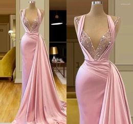 Party Dresses Pink Mermaid Prom Dress Sleeveless Sexy Deep V Neck Appliques Sequins Satin Floor Length Evening Gowns Plus Size Bridal