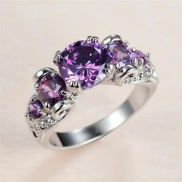 Wedding Rings Charm Round Purple For Women Silver Colour Zircon Bands Vintage Engagement Ring Mother Day Finger Jewellery Gifts