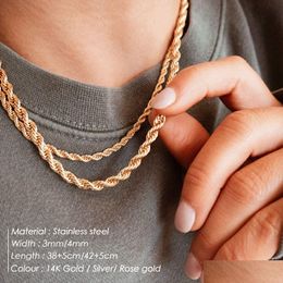 Chains Rope Chain Necklace Stainless Steel Never Fade Waterproof Choker Men Women Jewelry Gold Color Chains Gif Drop Deliver Dhgarden Otgku