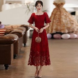 Party Dresses Burgundy Elegant Evening Dress Floral Print Short Sleeves Ankle-Length Square Collar A-Line Woman Formal Gowns A1580