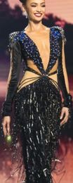 Evening dress Yusuf Aljasmi black long-sleeved beaded fringed dress zuhair Murad kim kardashian