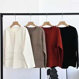 Women's Knits Naizaiga 100 Cashmere Round Neck Crimping Loose Long Sleeve White Red Blck Pocket Twist Women Cardigans Sweater NY113