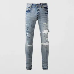 Men's Jeans Fashion Streetwear Men Retro Light Blue Patch Designer Slim Fit Ripped Hole Trousers Hip Hop Brand Pants Hombre