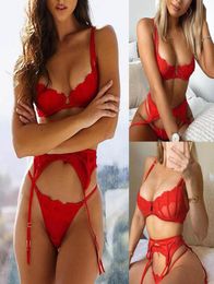 Yoga Outfit Women Lingerie Set Ladies Strap Lace Crochet Cutout Teddy Embroidery Gauze Underwear Sexy Bra Hoow Thong Garter8963591