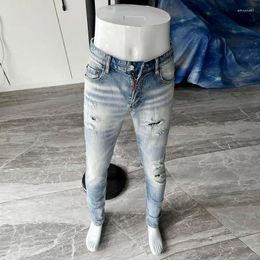 Men's Jeans Street Fashion Men High Quality Retro Light Blue Stretch Skinny Fit Ripped Vintage Designer Brand Pants Hombre