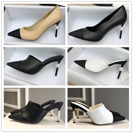 designer shoes mules heels pumps for women designer slingback pump Pearl Heels real leather cap toe black white beige wedding party formal dress shoe