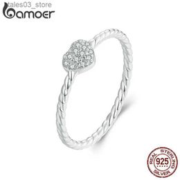 Wedding Rings BAMOER 925 Sterling Silver Sparkling Heart Ring Braided Texture Twisted Ring for Women Anniversary Statement Jewelry Q231120