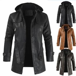 Men's Leather Faux Leather Autumn and winter medium long hooded men motorcycle riding leather coat men wide and comfortable large size leather windbrea 231118