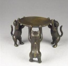 Chinese Bronze Plate Cats Animal 3 Cat oil lamp Candle Holder Candlestick statue3629009